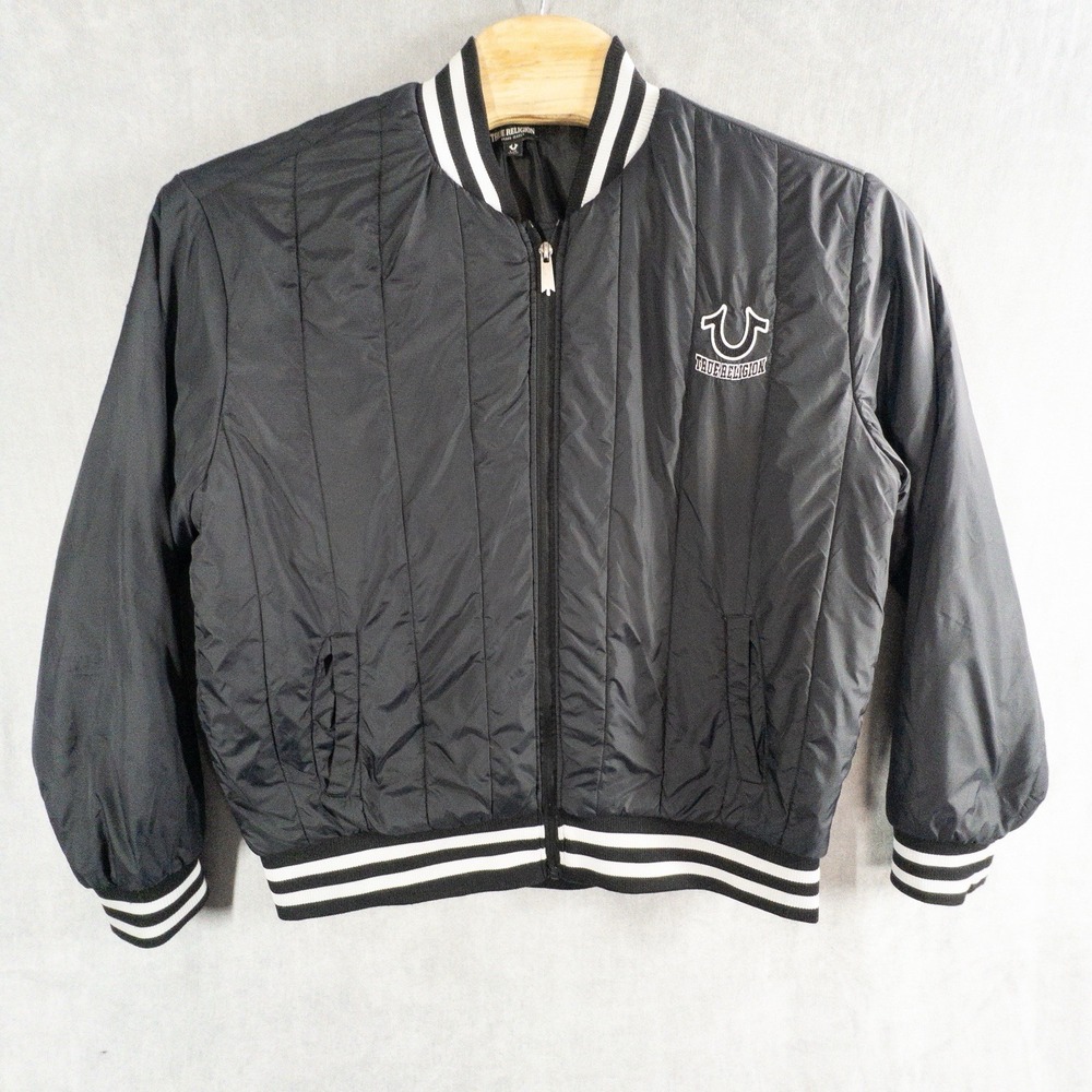 True Religion Black Vertical‎ Quilted Varsity Bomber Jacket Mens L Zip Front